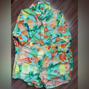 Tropical Citrus Print Women's Shorts Set - Green & Orange Size Small Nwt